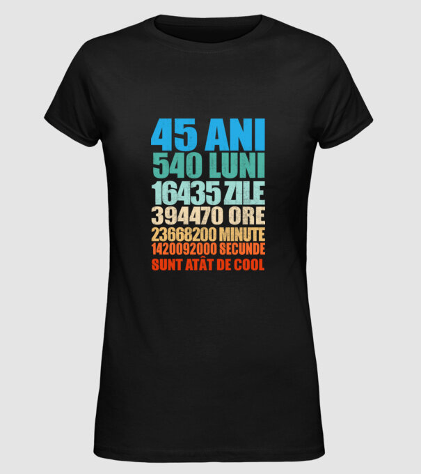 De 45 ani - luni - zile - ore - minute - secunde - sunt atât de cool model negru pe tricou