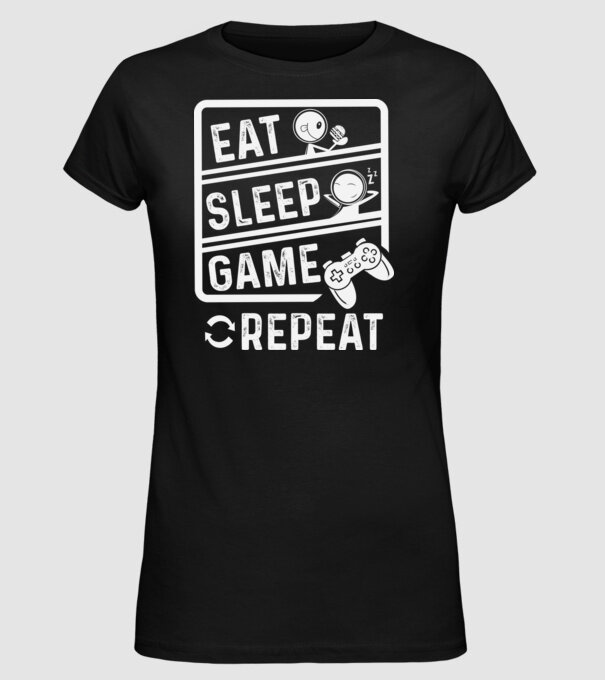 Eat sleep game repeat model negru pe tricou