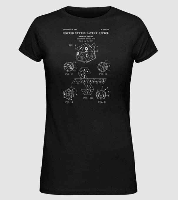 Icosahedron decimal dice patent model negru pe tricou