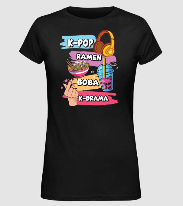 K-POP RAMEN BOBA K-DRAMA model negru pe tricou