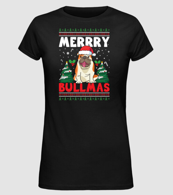 Merry bullmas ugly sweater model negru pe tricou