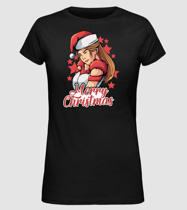 Merry christmas santa girl model negru pe tricou
