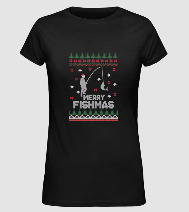 Merry Fishmas model negru pe tricou