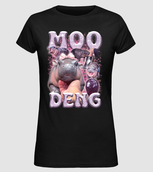 MOO DENG baby hippo model negru pe tricou