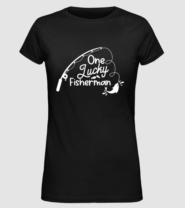One lucky Fisherman model negru pe tricou