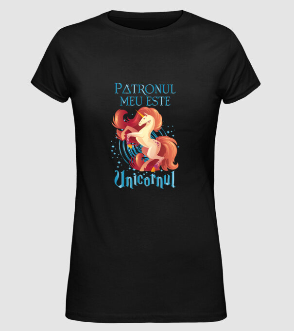 Patronul meu este UNICORNUL model negru pe tricou