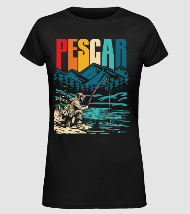 Pescar retro model negru pe tricou