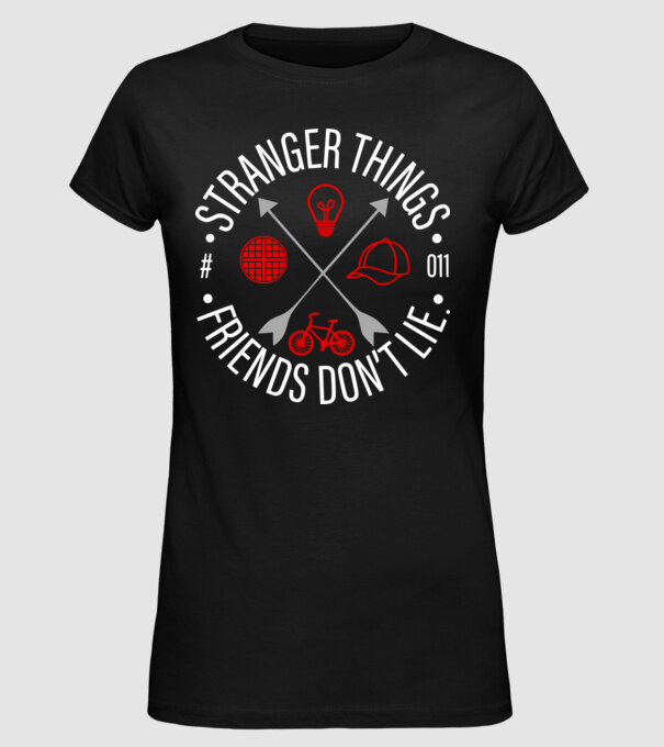stranger things friends dont lie model negru pe tricou