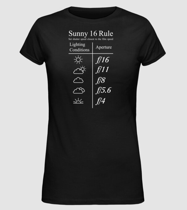 Sunny 16 Rule model negru pe tricou
