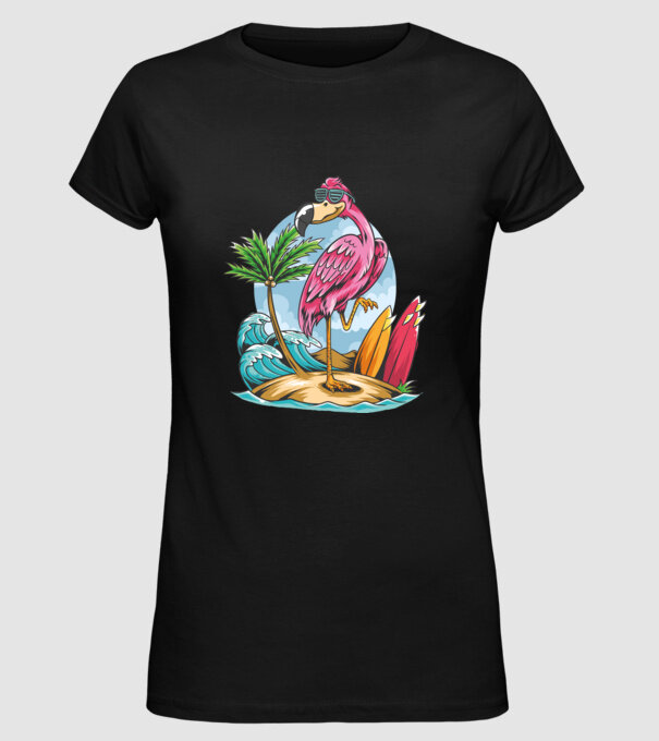 Surfer flamingo model negru pe tricou