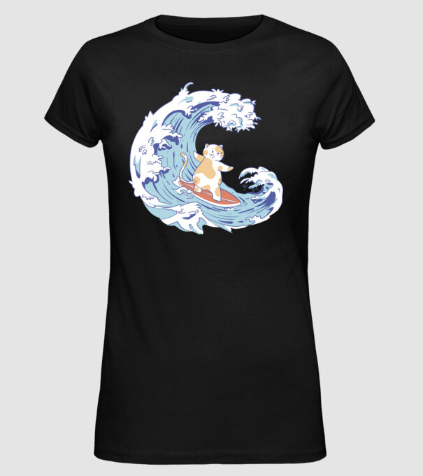Surfer kitty model negru pe tricou