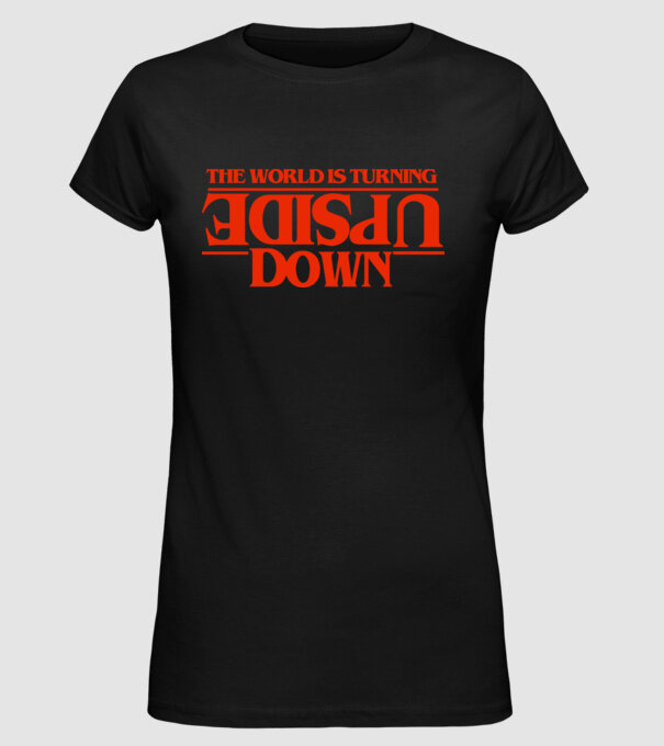 the world is turning upside down model negru pe tricou