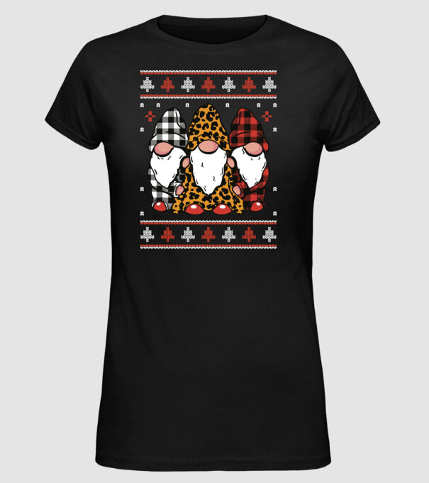 Ugly sweater gnomes model negru pe tricou