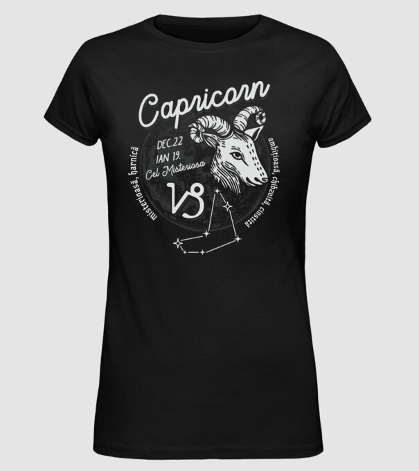 Zodiac femeie CAPRICORN retro model negru pe tricou