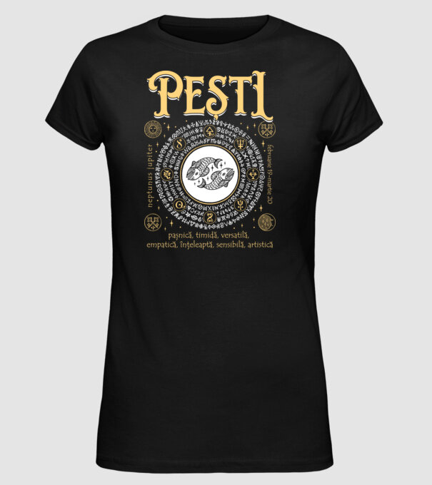 Zodiac femeie PEȘTI golden model negru pe tricou