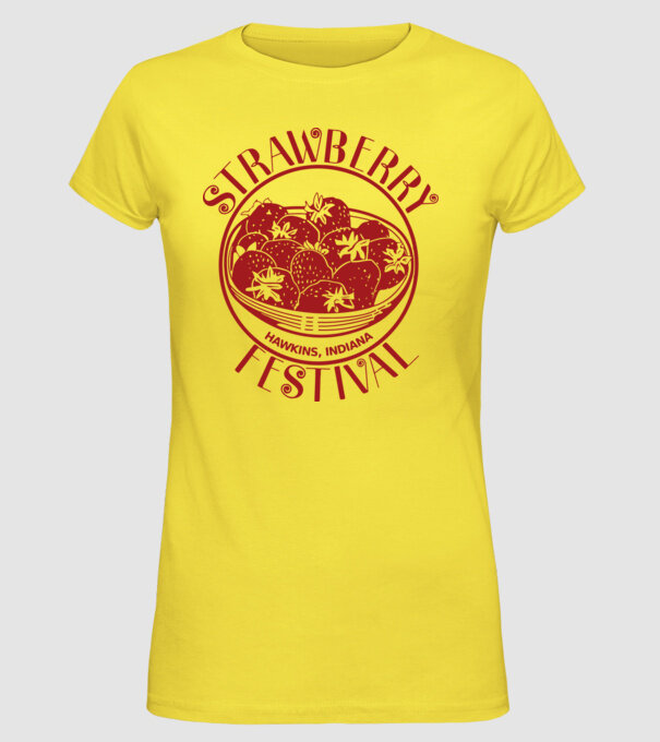 strawberry festival stranger things model galben pe tricou