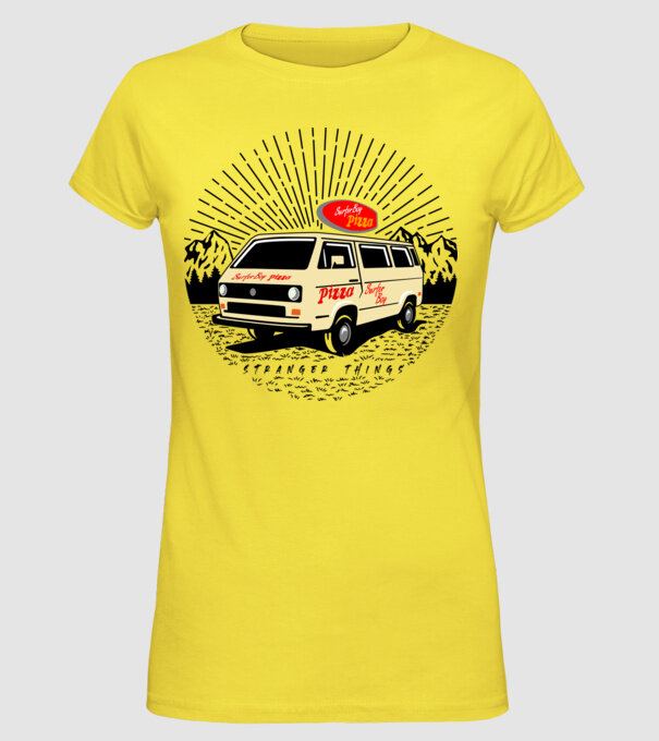 surfer boy pizza bus stranger things model galben pe tricou