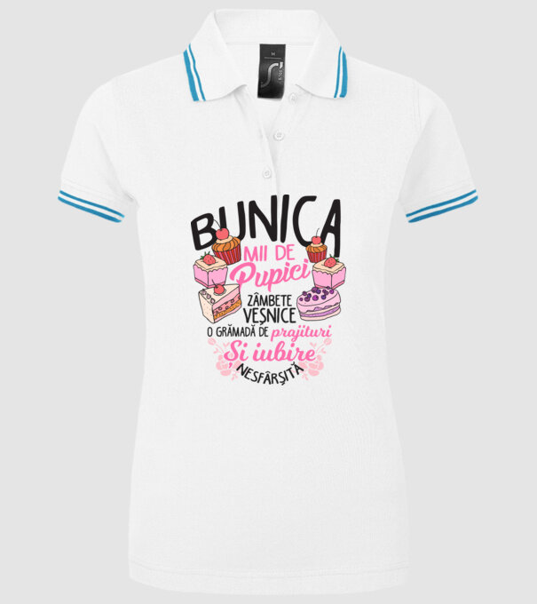 bunica - mii de pupici, zâmbete veșnice, o grămadă de prăjituri și iubire nesfârșită model alb pe tricou