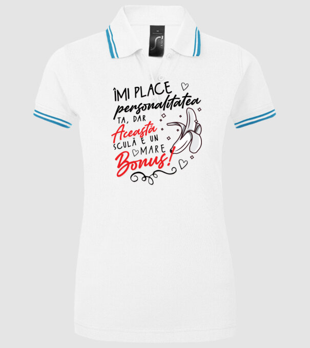 Dar această sculă e un mare bonus! model alb pe tricou