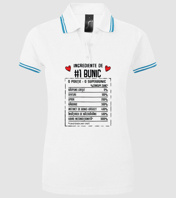 Ingrediente Bunic - o porție : un superbunic - %consum zilnic* răspuns greșit, sfaturi, umor, răbdare, instinct de bunic-ursuleț model alb pe tricou