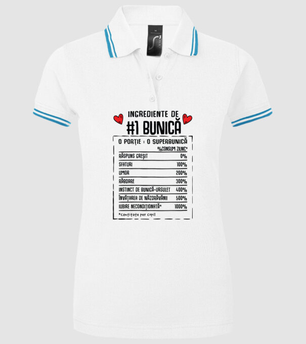 Ingrediente Bunică - o porție : o superbunică - %consum zilnic* răspuns greșit, sfaturi, umor, răbdare, instinct de bunică-ursul model alb pe tricou