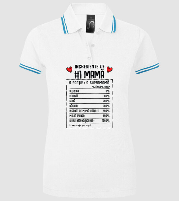 Ingrediente de Mamă - o porție : o supermamă - %consum zilnic* relaxare, cofeină, grijă, răbdare, instinct de mamă-ursuleț, mult model alb pe tricou