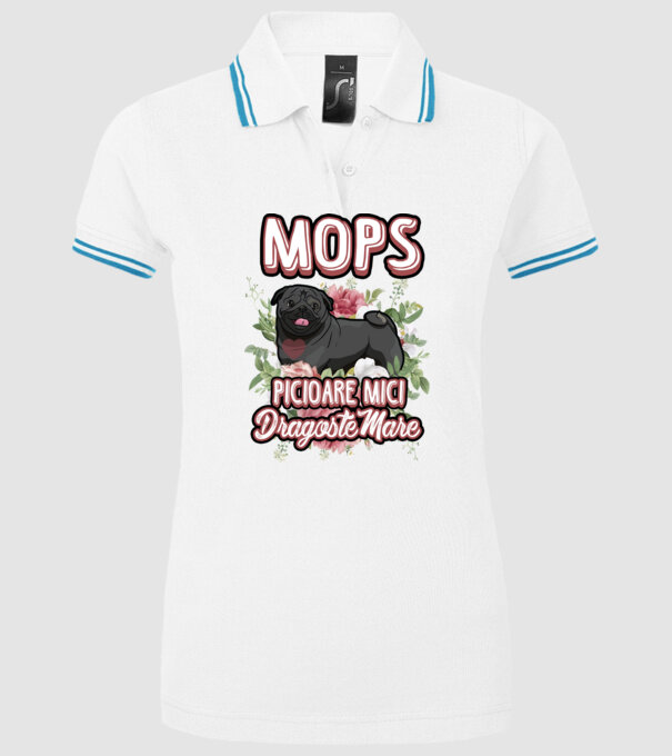 Mops negru picioare mici dragoste mare model alb pe tricou