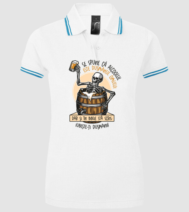 Se spune că alcoolul este dușmanul omului, dar și în biblie stă scris: iubește-ți dușmanii! model alb pe tricou