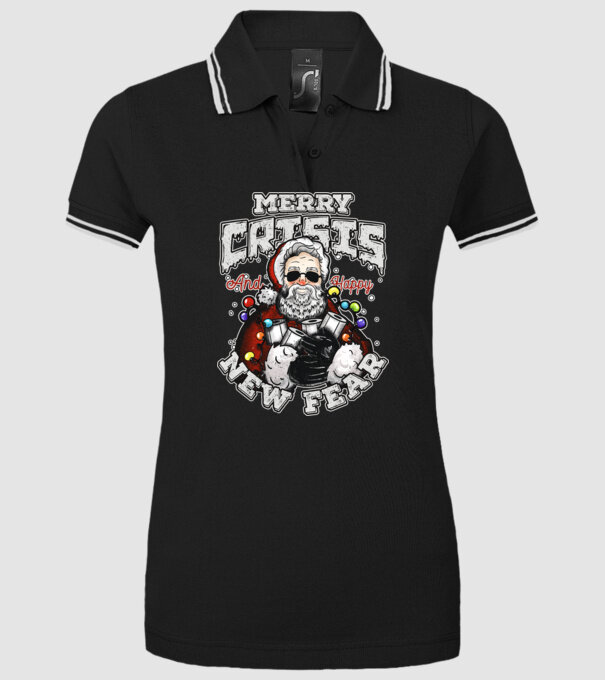 Merry Crisis and Happy New Fear model negru pe tricou
