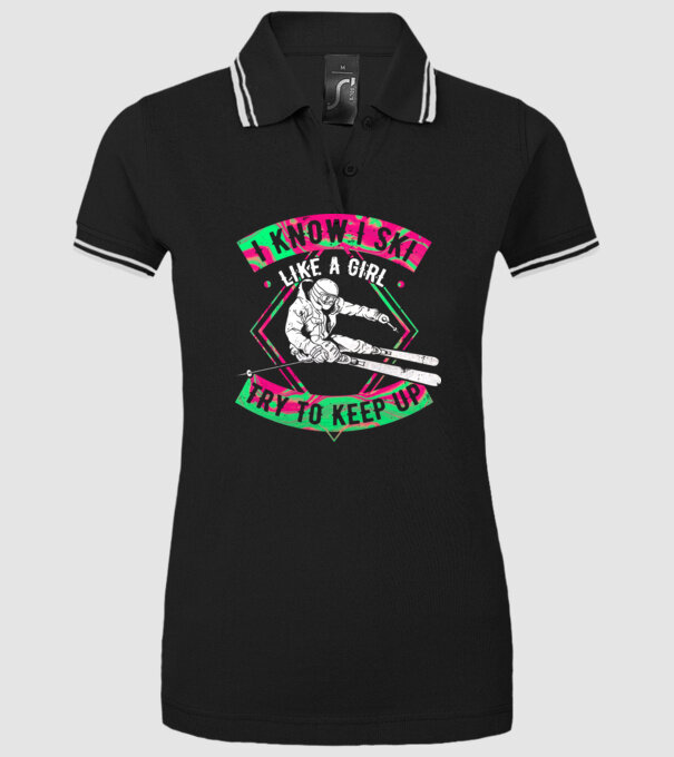 Skiing like a girl model negru pe tricou