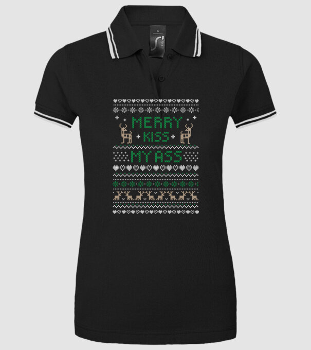 Merry kiss my ass ugly sweater model negru pe tricou
