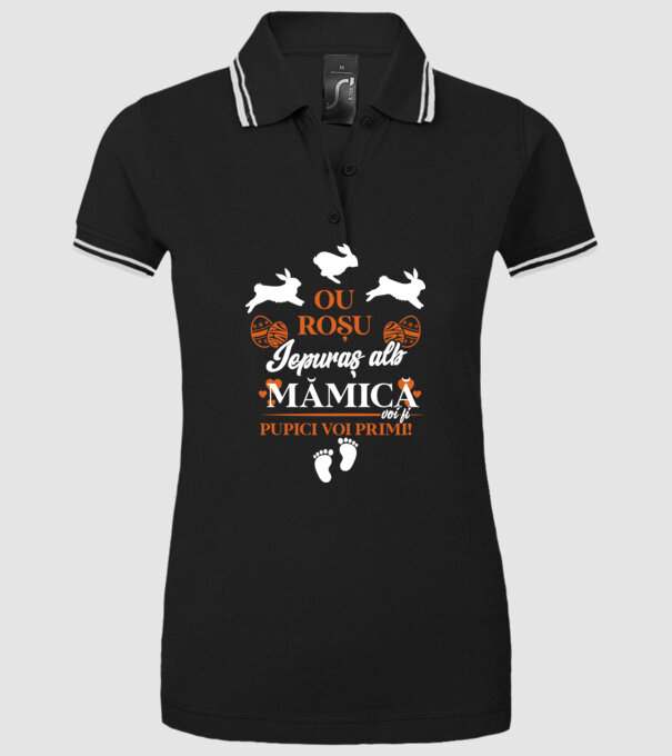Ou roșu, iepuraș alb, mămică voi fi pupici voi primi! model negru pe tricou