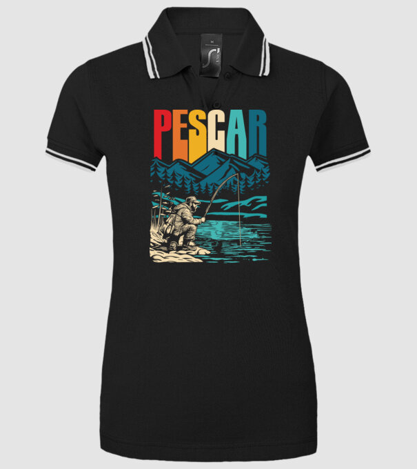 Pescar retro model negru pe tricou