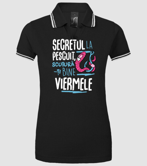 Secretul la pescuit scutură-ți bine viermele model negru pe tricou