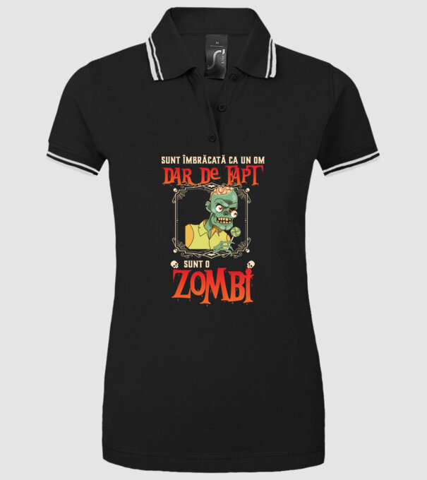 sunt îmbrăcat ca un om, dar de fapt sunt un zombi model negru pe tricou