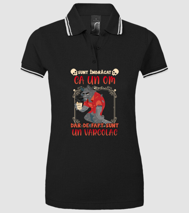 sunt îmbrăcat ca un om, dar de fapt sunt un vârcolac model negru pe tricou