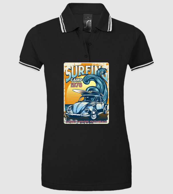 Surfer Camp model negru pe tricou