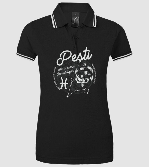 Zodiac femeie PEȘTI retro model negru pe tricou