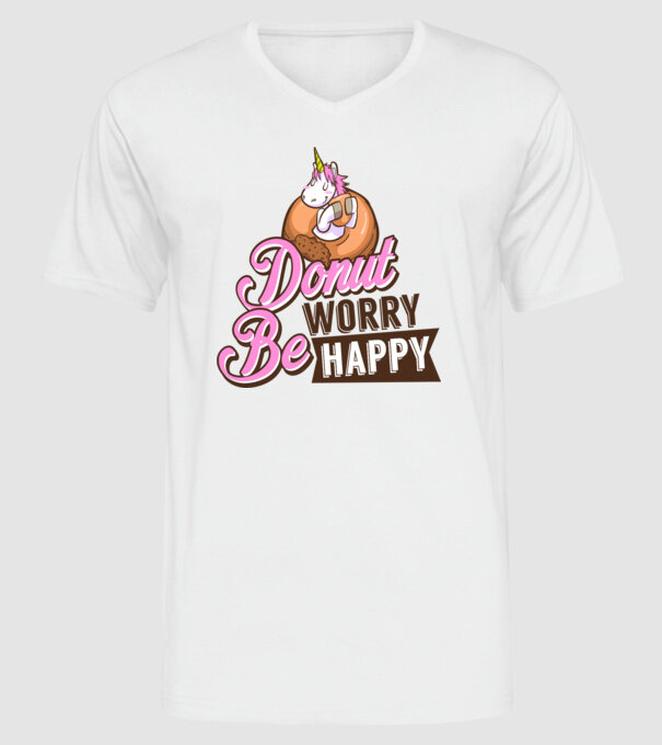 Donut worry be happy model alb pe tricou