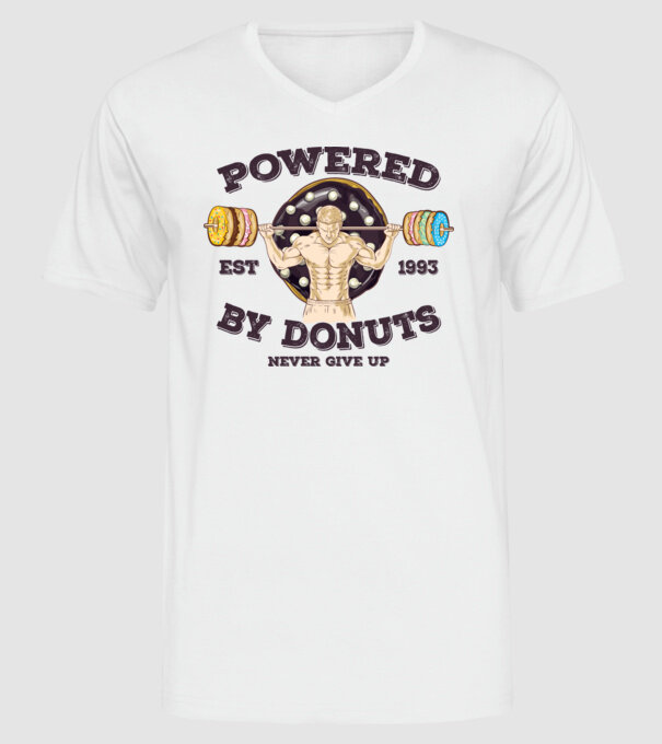 Powered by donuts model alb pe tricou
