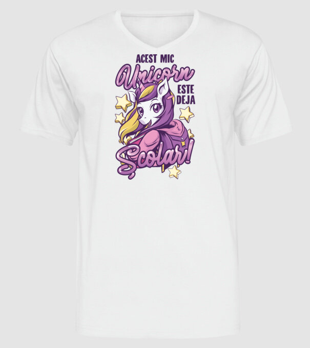Acest mic unicorn este deja școlar model alb pe tricou