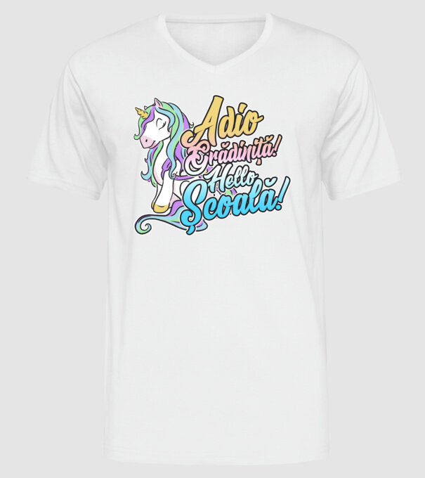 Adio grădiniță! Hello școală! model alb pe tricou