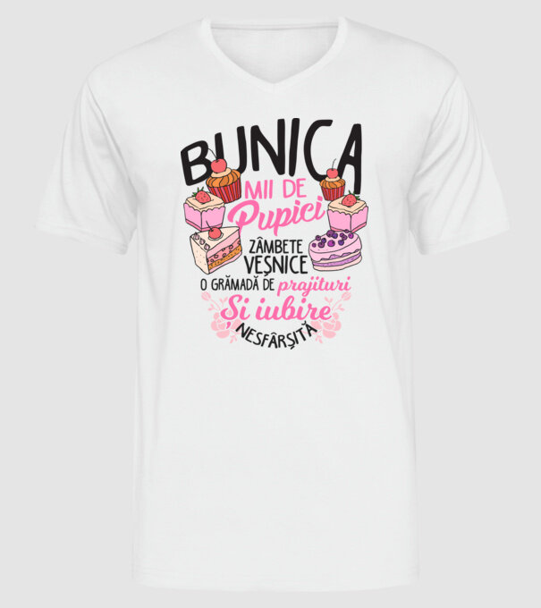 bunica - mii de pupici, zâmbete veșnice, o grămadă de prăjituri și iubire nesfârșită model alb pe tricou