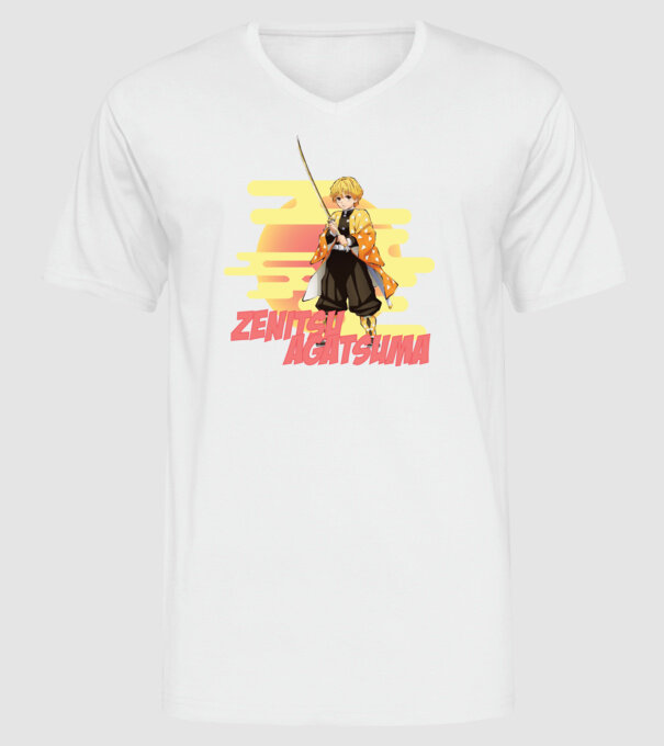 Demon Slayer Zenitsu model alb pe tricou