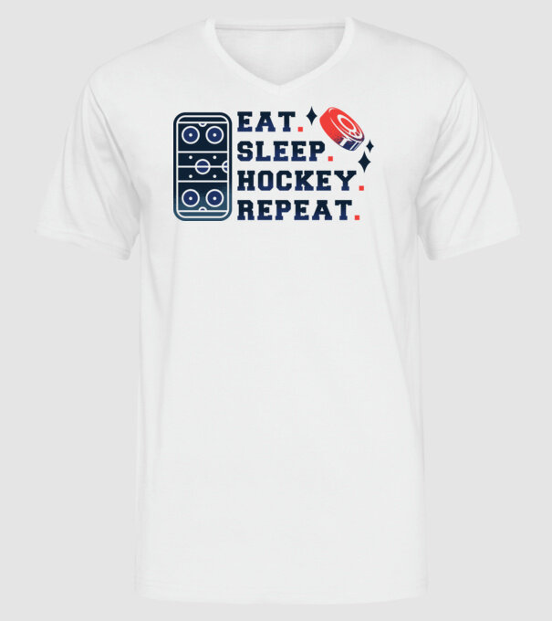 Eat Sleep Hockey Repeat model alb pe tricou