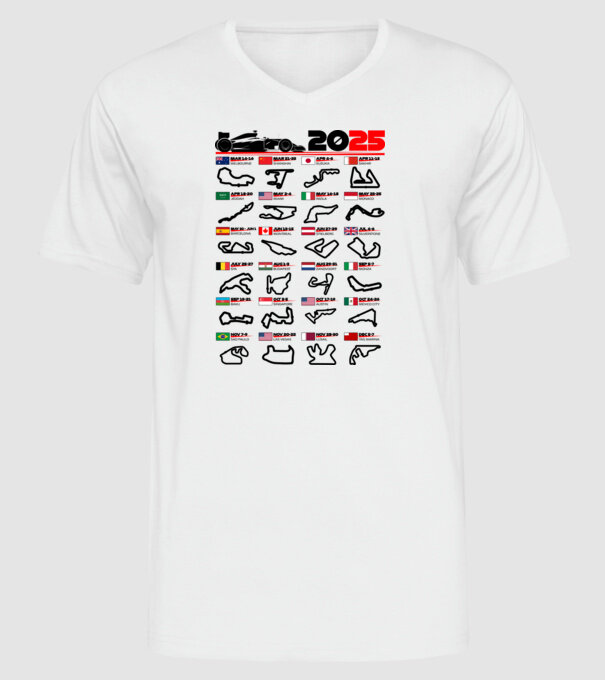 F1 calendar 2025 model alb pe tricou