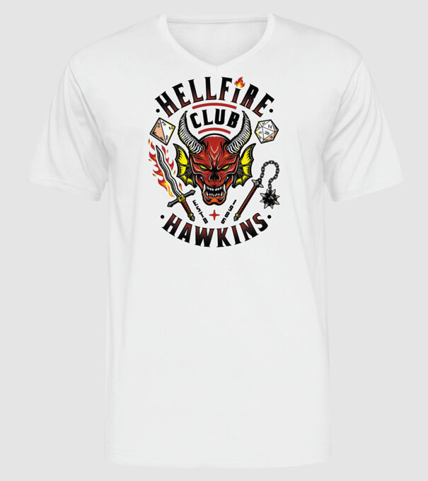 hellfire club hawkins model alb pe tricou