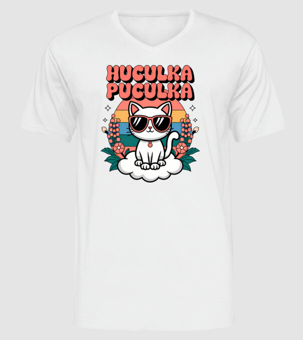 Huculka Puculka pisică 1 model alb pe tricou