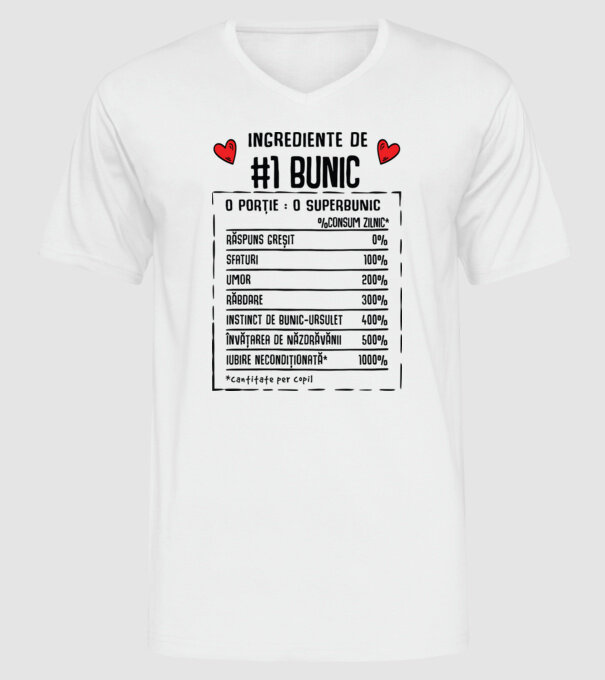 Ingrediente Bunic - o porție : un superbunic - %consum zilnic* răspuns greșit, sfaturi, umor, răbdare, instinct de bunic-ursuleț model alb pe tricou