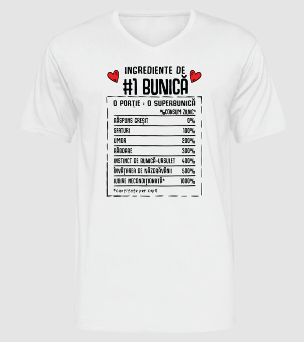 Ingrediente Bunică - o porție : o superbunică - %consum zilnic* răspuns greșit, sfaturi, umor, răbdare, instinct de bunică-ursul model alb pe tricou